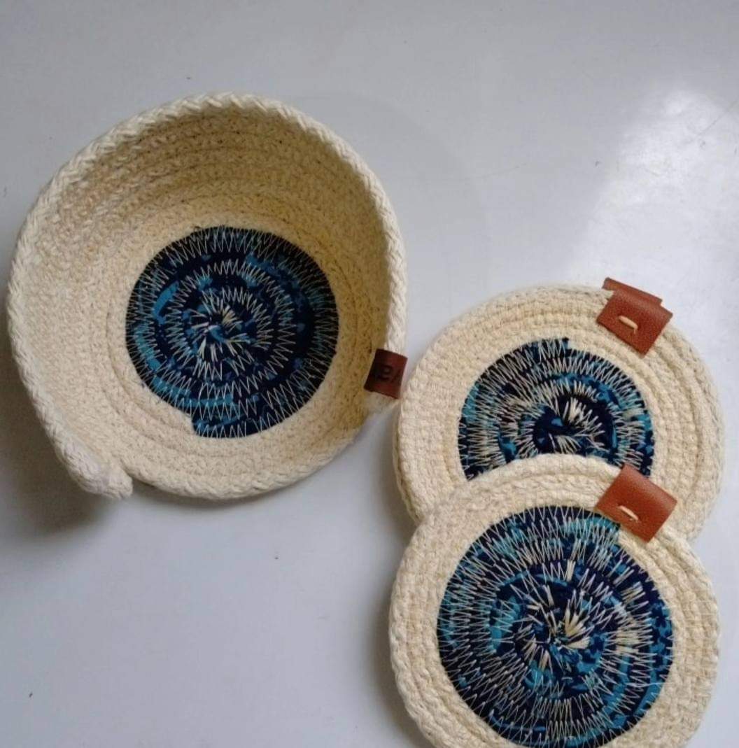 Set of Six Coasters and a Rack, Different Styles, Cotton Rope