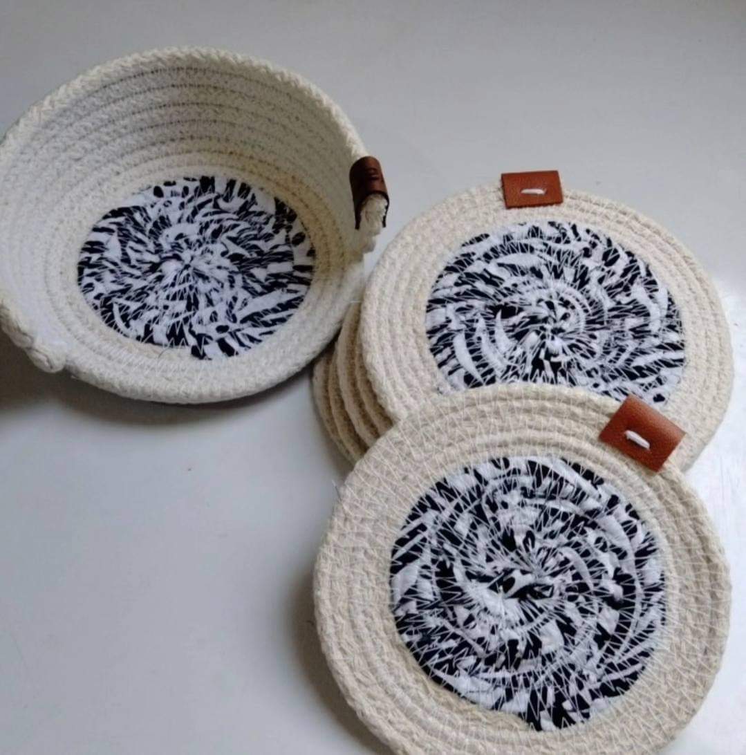 Set of Six Coasters and a Rack, Different Styles, Cotton Rope